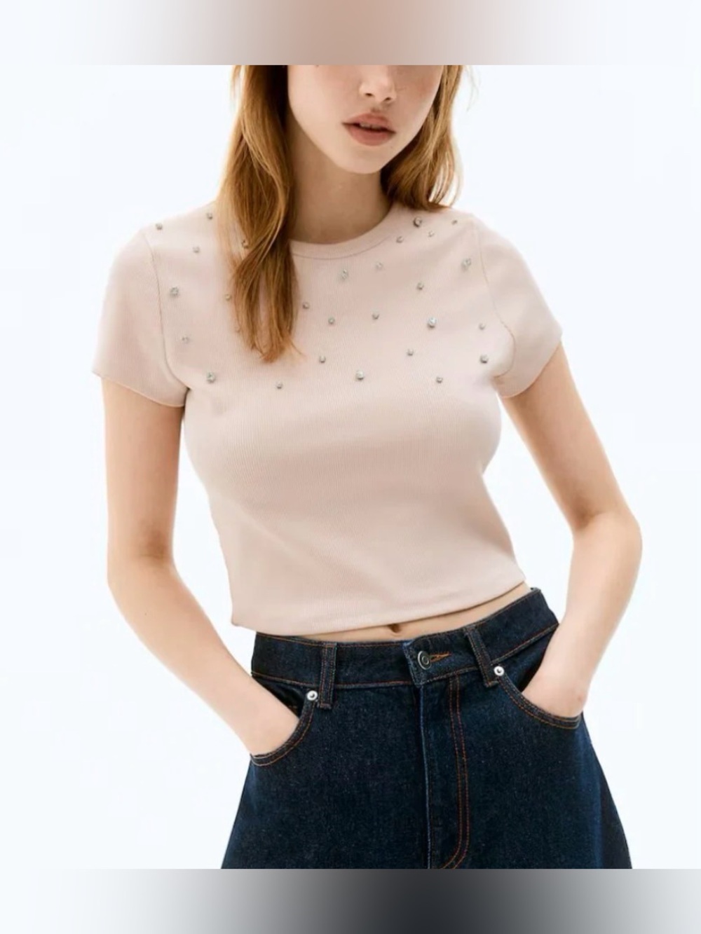 H&M Y2K Coquette Hannah Montana Embellished Rhinestone Bling Rib Crop Top Pink S